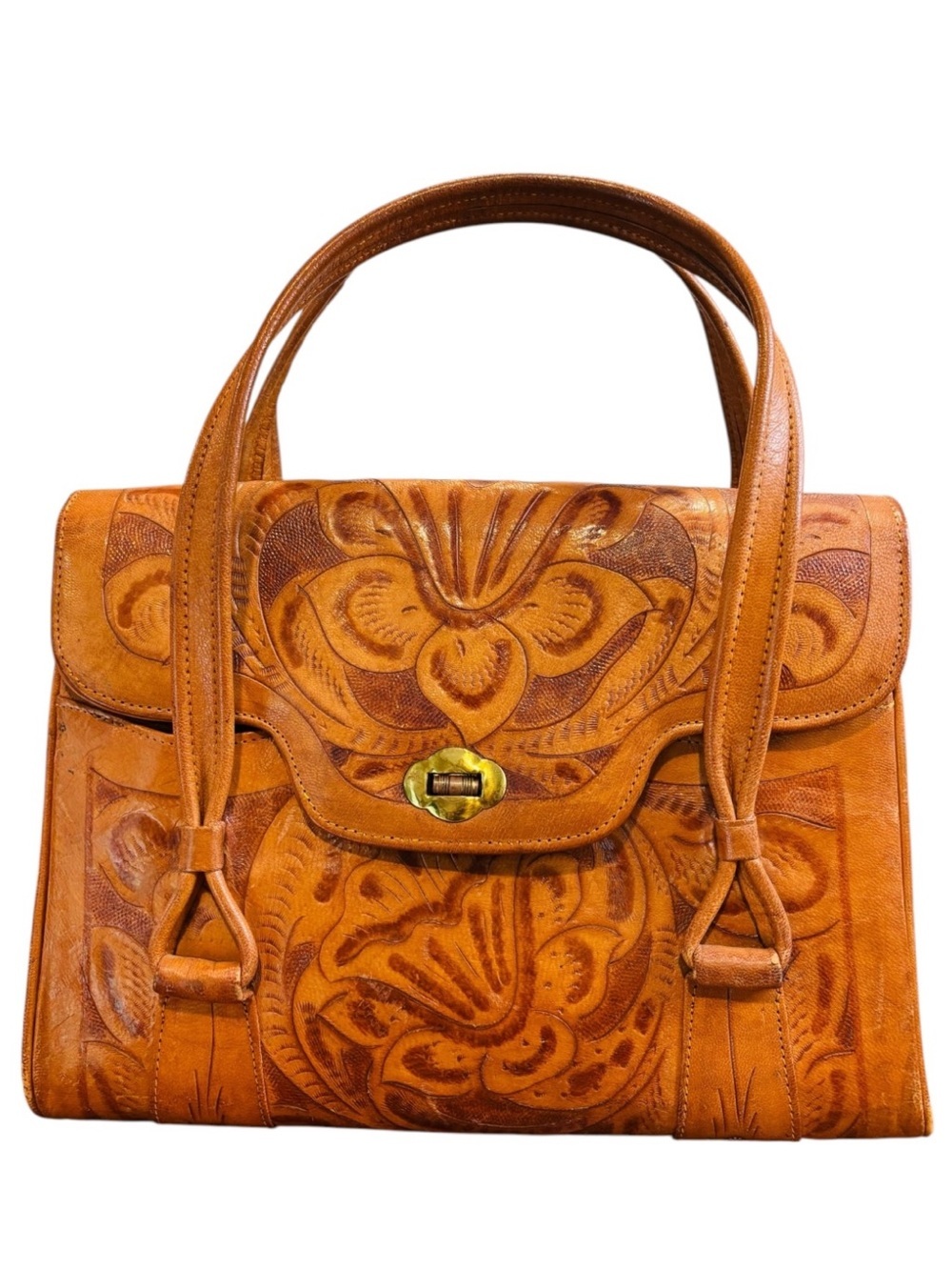 VINTAGE Hand- Tooled Leather Satchel Handbag featuring an Intricate Floral Motif